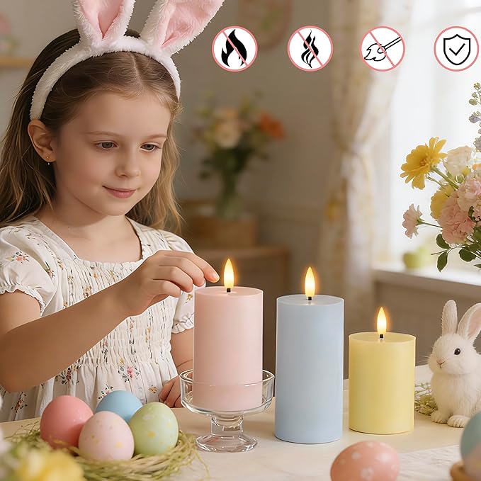Flameless Easter Candles with Remote, Battery Operated Pastel Spring Candles for Home & Table Decor, Realistic Flickering LED Pillar Candles for Easter & Spring Decor Set of 3
