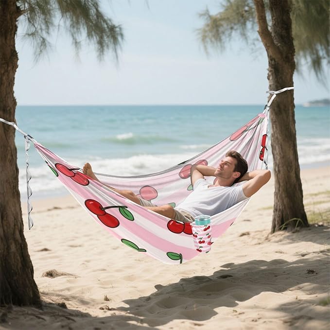 Pink White Striped Fruit Cherry 330lb Capacity Outdoor Hammocks with Hanging Rope Fabric Hammock for Outside Camping Essentials hamacas para adultos