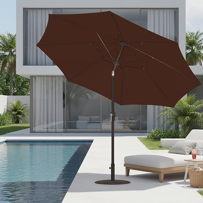 9ft Patio Umbrella with Push Button Tilt and Crank,Outdoor Market Table Umbrella UV Protection 8 Sturdy Ribs for Backyard,Garden,Pool,Deck(Brown)