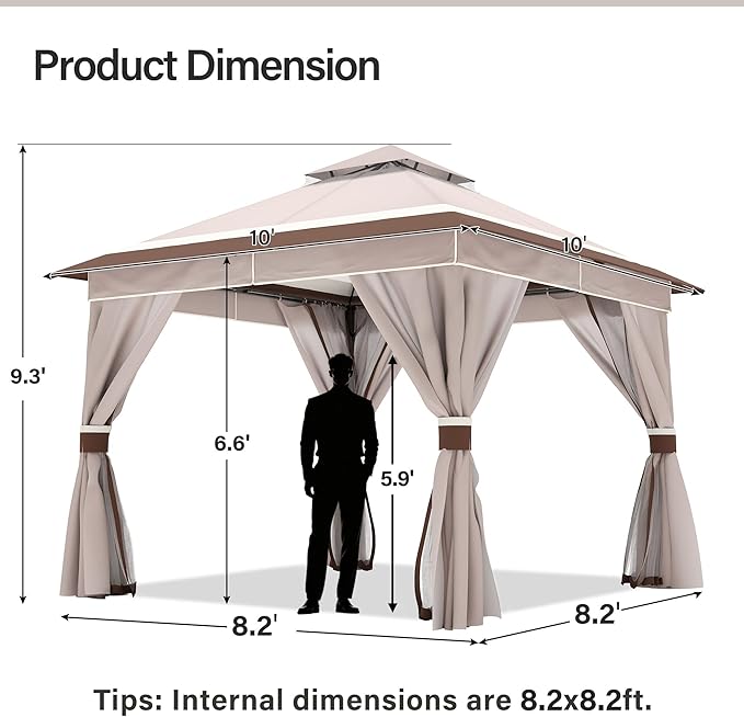 LAUSAINT HOME 10'x10' Outdoor Gazebo, Metal Frame Heavy Duty Patio Canopy Tent Shelter with Double Roofs, Mosquito Nettings and Privacy Screens for Backyard, Garden, Lawn, Classic Khaki