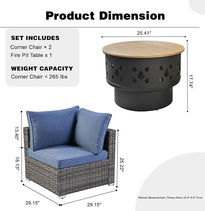 HOOOWOOO 3-Piece Outdoor Wicker Patio Furniture Set, Modular Sectional Sofa with Cushions and Fire Pit Table, All-Weather Rattan Garden Seating for Patio, Porch, or Balcony (Denim Blue)