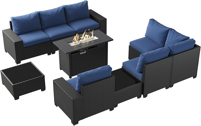 Aoxun Patio Furniture Sets with 44'' Fire Pit, 10 Pcs Outdoor Patio Coversation Sets with 4'' Thicken Cushion, Widen Armrests Wicker Outdoor Sectional for Backyard (Waterproof Cover Include)
