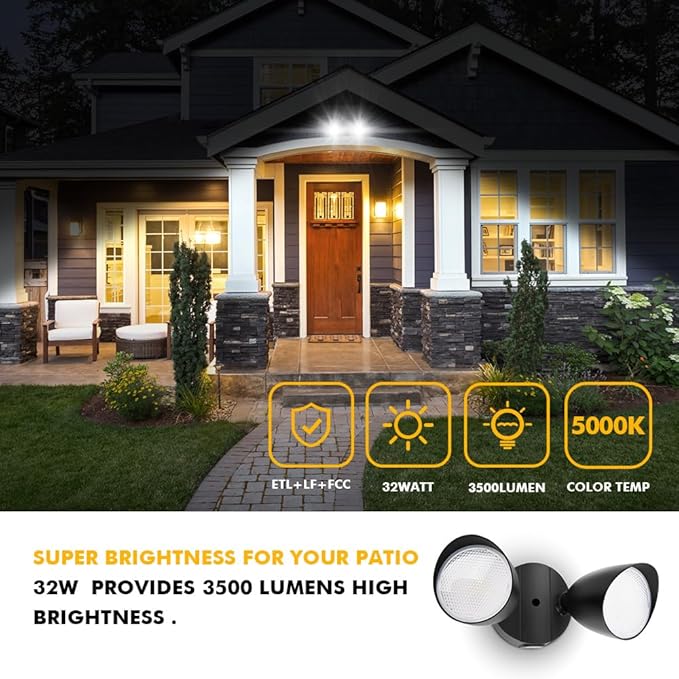 LUTEC 6222B 3500 Lumen 32 Watt 28 LED Dual-Head Floodlight Outdoor, Full Metal Design, Waterproof Exterior Security Wall Light 5000K for Patio, Garden, Yard-Black