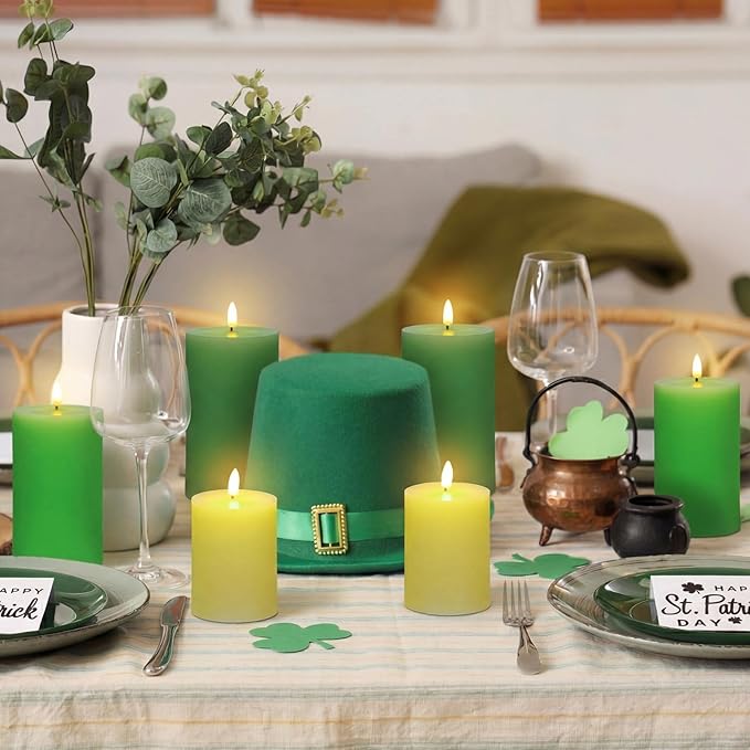 6 Pcs St Patrick s Day Flameless Candles LED Flameless Pillar Candles Wax LED Fake Candle with Remote and Timer Flickering H 4 5 6 for Wedding Party Holiday Party Decor
