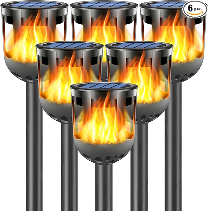 Solar Tiki Torches with Flickering Flame - Solar Lights Outdoor Waterproof, Auto On/Off, Solar-Powered Decorative Lighting for Garden, Yard, Landscape, Patio, Driveway, Walkway, Pathway (6)