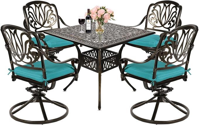 MEETWARM 5-Piece Outdoor Patio Dining Set, All-Weather Cast Aluminum Patio Conversation Set for Backyard Garden Deck with 4 Cushions Swivel Rocker Chairs and 35.4" Square Table, Ocean Blue