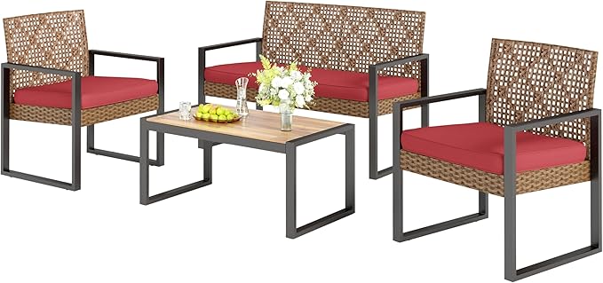 Sophia & William 4 Pieces Patio Conversation Set, Wicker Outdoor Furniture Set for 4, All Weather Outdoor Seating Set, Rattan Loveseat & Chairs with Cushions & Coffee Table，Brown and Red