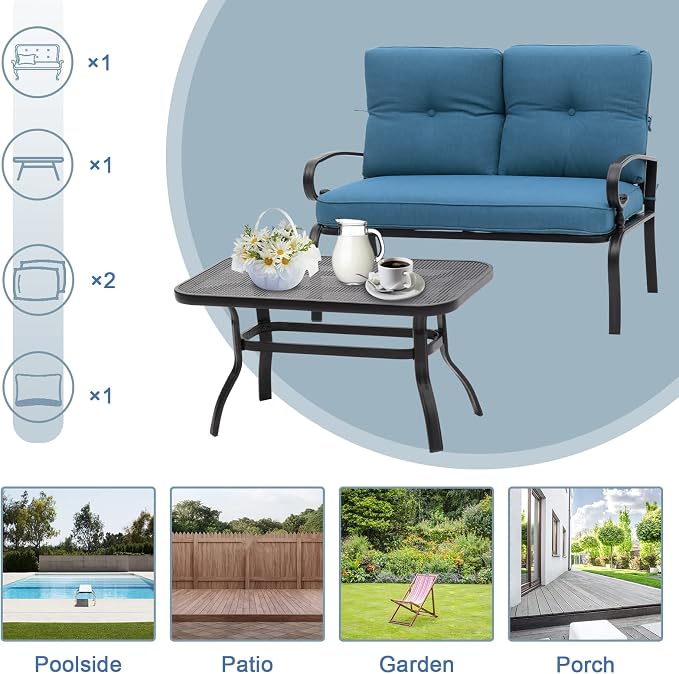 Incbruce 5 Piece Wrought Iron Patio Furniture Set Metal Outdoor Conversation Sets (Loveseat, Coffee Table and Bistro Table, 2 Spring Chair) with Cushion (Peacock Blue)