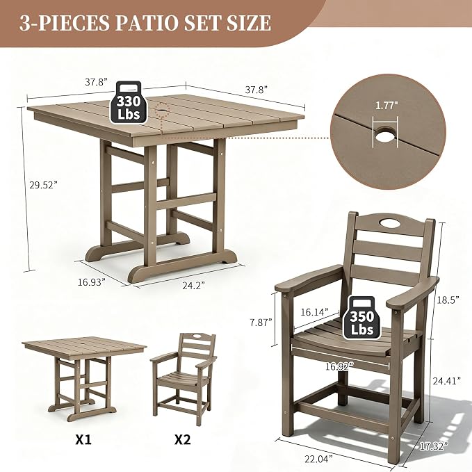 Outdoor Patio Dining Square Table and Armchair 3 Piece Set, Brown | HDPE Material, 1.77" Umbrella Hole, All-Weather, Patio Furniture, Table and 2 Chairs, For Backyard, Deck, Garden