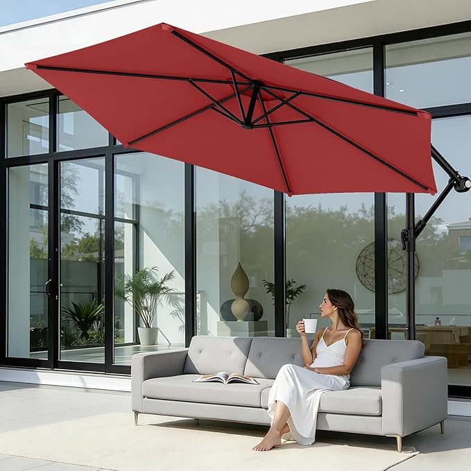 AreShark 10FT Patio Outdoor Umbrella, Offset Patio Umbrella Cantilever Umbrella, 6 Sturdy Ribs, Easy Adjustment for Garden Market Pool with Cross Base (Dark Red)