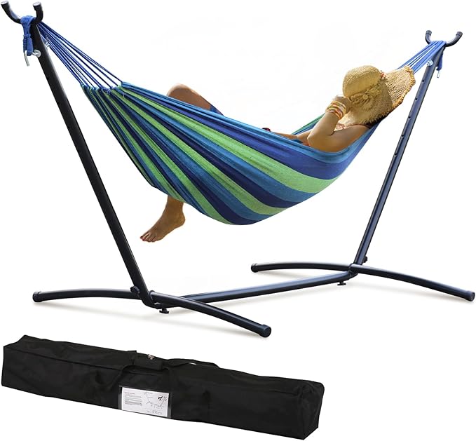 9FT Hammock Portable Hammock Stand 2 Person Heavy Duty Hammock Stand with Portable Carrying Case, Adjustable 6 Optional Hook Positions, for Outdoors & Indoors(Blue)
