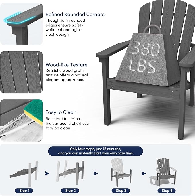 nevilywood Compact Stackable Adirondack Chairs Set of 2,HDPE,380lbs,Grey | 26.3" Wide HDPE.All-Weather Outdoor.Maintenance-Free.Stackable for Storage.25°Curved Straight Backrest.Quick Assembly