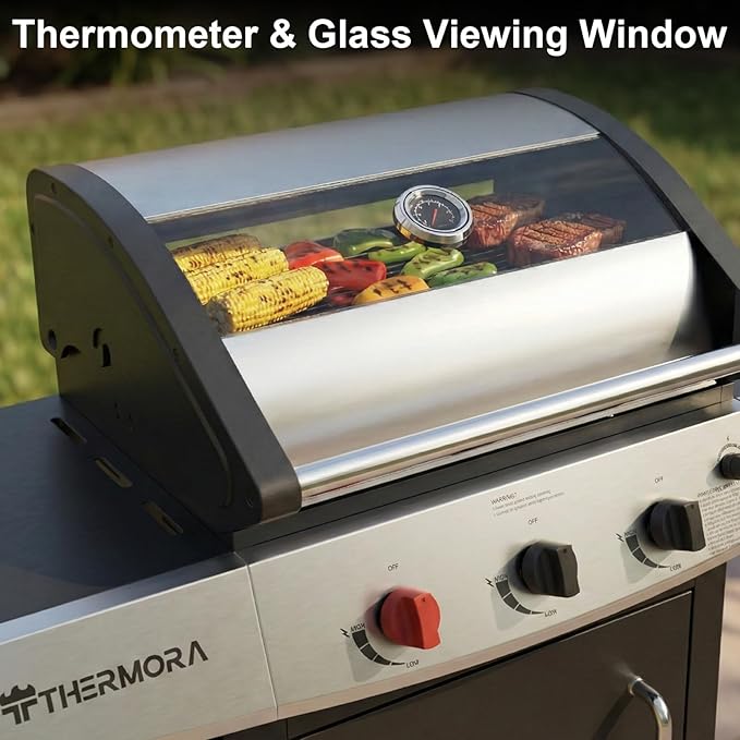 4 Burners Propane Gas Outdoor Grill 50000 BTU, 553 Sq.in, Side Burner, Porcelain-Enameled Grates, Stainless Steel Propane Grill Outdoor Cooking, Patio Garden Family Barbecues Party (4 Burners)