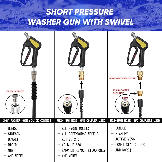 KONOSUBA Short Pressure Washer Gun 5075PSI with 360° Swivel,2 Adapter,5 Pressure Washer Nozzles,1/4" Quick Connector,3/8'' Quick Connect, M22-14/15 mm Fitting (new Gun 5075PSI)