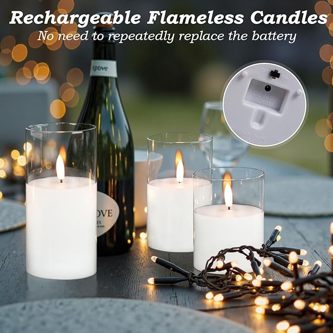 GenSwin Rechargeable Flameless Candles with Remote Timer, Clear LED Battery Operated Candles with Flickering Flame, Glass and Real Wax Pillar Candle Holiday Home Decor(Set of 3, D3”xH4”5”6”)