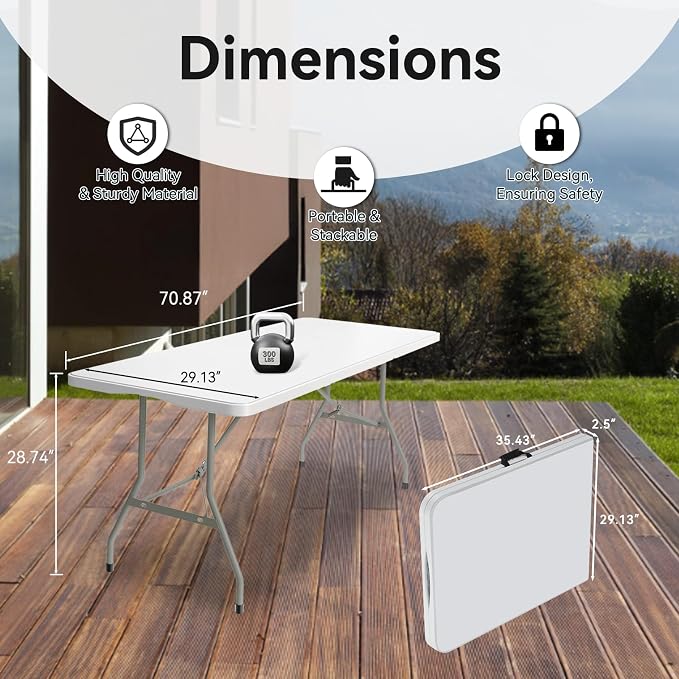 100 Pack of 6 Foot Foldable Table with Built in Handle & Steel Legs ,Heavy Duty Portable ,Perfect for Party, Dining, Wedding, Events, Picnic Indoor, Outdoor, Camping, Utility, Folding(white-100pac)