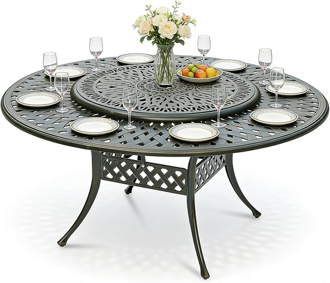 MEETWARM Outdoor 61" Round Patio Dining Table with Detachable Lazy Susan, All Weather Cast Aluminum Large Patio Furniture Table Set for 8 Seat with 35.4" Rotating Tray, Umbrella Hole, Dark Bronze