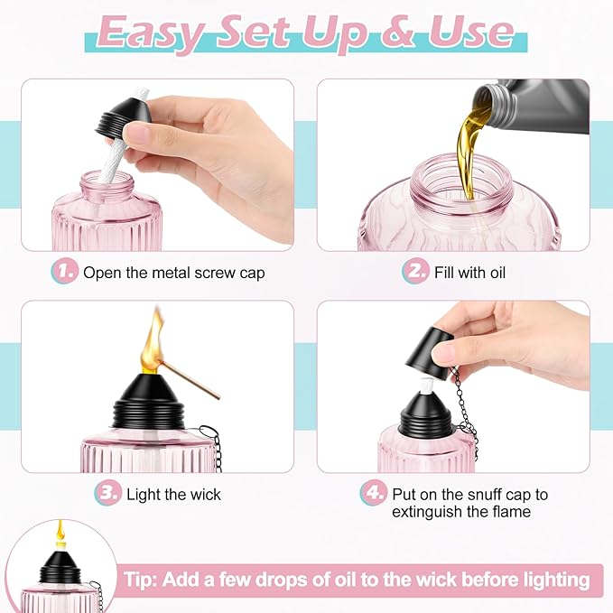 Glass Table Top Torches for Outside,4 Pack Citronella Tabletop Torch with Wick & Cap, 12oz Refillable Outdoor Torch Canisters Lanterns Torches for Luau Party, DIY Garden Decor (Pink)