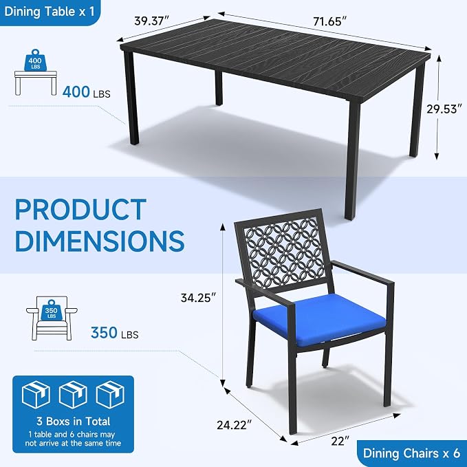 LuxaDomus 7 Piece Outdoor Dining Set, Wood Grain Outdoor Patio Table and Chairs Set, Metal Dining Set with with 6 Spacious Dining Chairs, All Weather Patio Furniture Set for Deck Garden Poolside