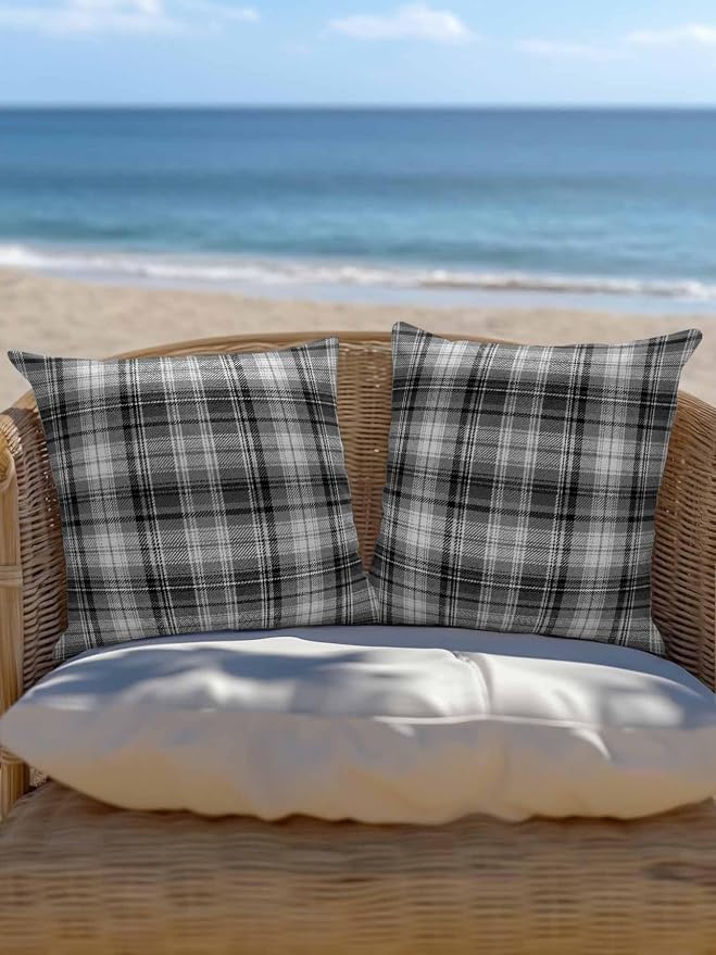 Waterproof Outdoor Pillow 1 Pack Gray Checked Plaid Decorative Throw Pillows Cover & Insert 18x18 Inch Pillowcase Stripes Woven Grid Square Pillows for Couch Sofa Bed Patio Furniture Indoor Outdoor