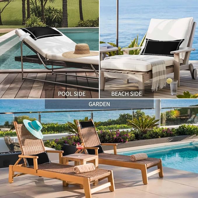 Black Chaise Lounge Head Pillow, 2 Pack Outdoor Recliner Pillow with Insert&Adjustable Elastic Strap, Solid Color Waterproof Throw Pillows for Patio Beach Chair