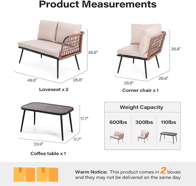 LAUSAINT HOME 6 Pieces L-Shaped Outdoor Furniture Set, Wicker Rattan Patio Sectional, Conversation Sofa Set with Coffee Table and Soft Cushions for Poolside, Patio, Yard, Beige