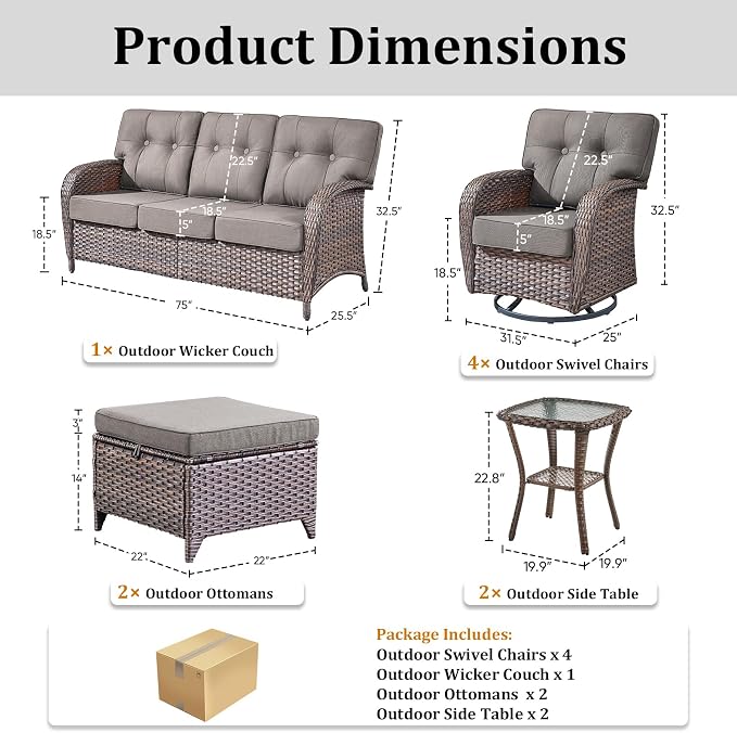 9-Piece Wicker Patio Furniture Set with 5-Inch Thick Cushions Weather Resistant Rattan High Back Swivel Rocker Chairs Senior Friendly Conversation Set for Small Porch Deck Sunroom Brown/Grey