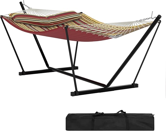 Double Hammocks with Stand for Outside, Heavy Duty Portable Outdoor Hammock with Carrying Bag & Soft Pillow & Paded, 450 LBS Weight Capacity, Perfect for Outdoor Indoor Patio Backyard Garden
