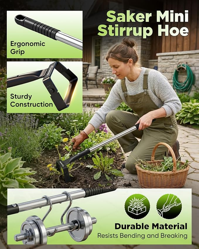 Saker Mini Stirrup Hoe for Precision Weeding, Garden Hula Hoe Tool with Hollow Trapezoid Blade for Raised Beds, Greenhouse & Small Spaces