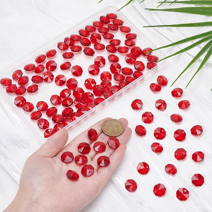 1 Box 120Pcs 14mm Crystal Glass Octagon Beads 2 Hole Crystal Prism Beads Red Glitter Chandelier Replacement Connector Suncatcher Faceted Spacers for DIY Lamp Hanging Ornament Pendant Adults
