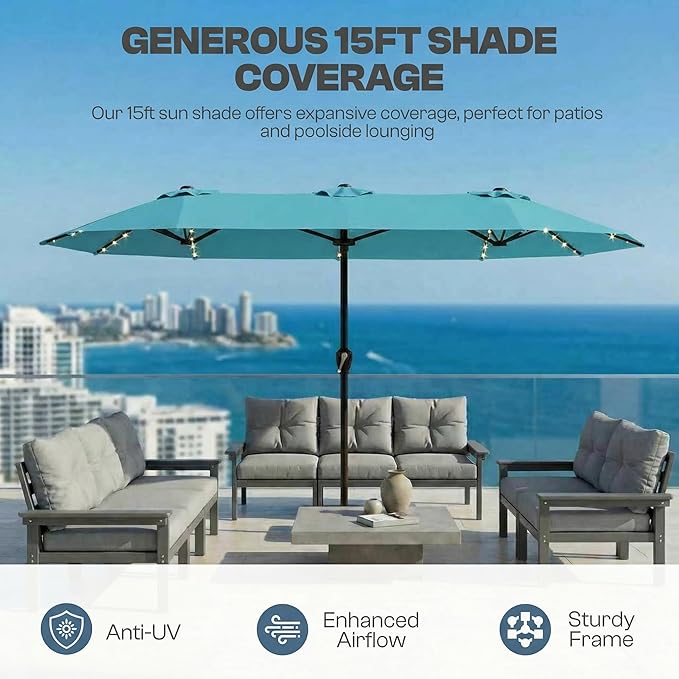 15FT Patio Umbrella with Solar Lights, Double-Sided Extra Large Outdoor Table Umbrella with Base Included, Heavy-Duty 12 Iron Ribs Market Umbrella for Garden, Pool, Backyard, Sky Blue