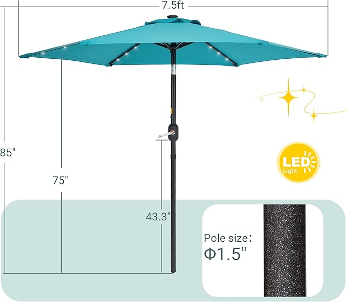 7.5ft Outdoor Umbrella Patio Umbrella with Solar Lights,18 LED Lighted Table Market Outdoor Umbrella, 2-Year-Non-Fading, for Pool, Deck, Garden,Backyard