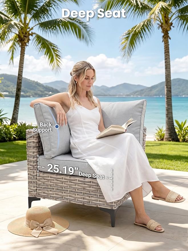 9-Piece Outdoor Patio Furniture Set with Fire Pit Table, Outdoor Conversation Wicker Sofa with Swivel Chairs, Rattan Couch with Coffee Table for Deck, Backyard, Poolside (Light Grey)