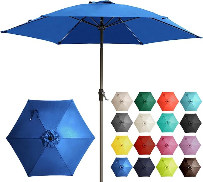 Ayge 7.5FT Large Outdoor Patio Umbrella Market Table Umbrella-UV Resistant, Easy Push Button Tilt and Crank, 6 Sturdy Fiberglass Ribs Heavy-Duty Pool Umbrella for Deck, Backyard,Garden, Yard,Blue