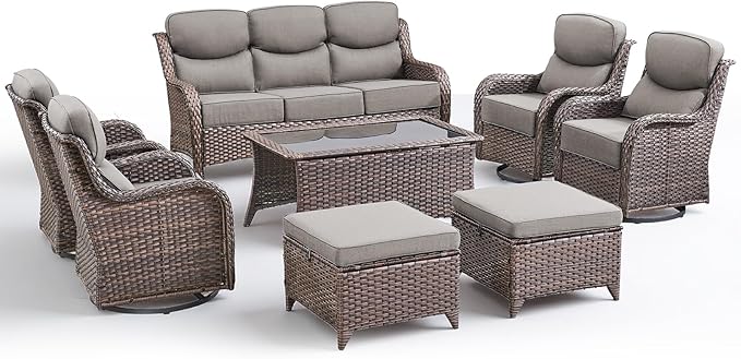 Luxury 8 Pieces Outdoor Patio Furniture Set-All Weather Wicker Swivel Rocker Patio Chairs with 6" Thick Cushion Rattan Sofa Coffee Table, Outdoor Conversation for Garden Porch Backyard(Brown/Grey)