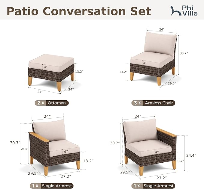 PHI VILLA Outdoor Heavy Duty Wicker Patio Conversation Set 7-Piece, Rattan Sectional Furniture Patio Set for 7 Seats with Cushioned 3 x Armrest Chair, 2 x Ottoman and 2 x Armless Sofa, Beige