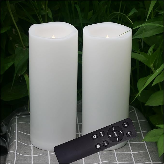 Outdoor Waterproof Large Led Flameless Candles with Remote Timer Long Lasting Battery Operated Plastic Electric Resin Pillar Candles for Home Garden Patio Xmas Wedding Party Decorations 4”X10” 2 Pack