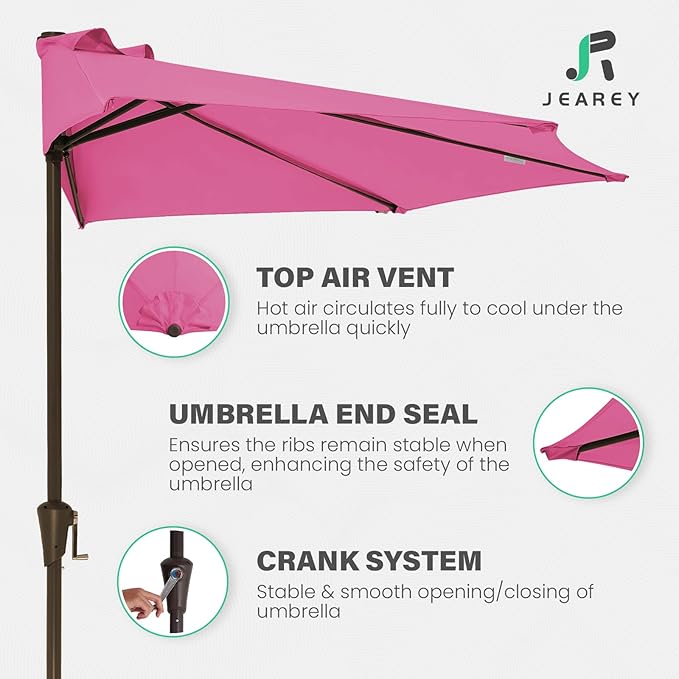JEAREY 9ft Half Umbrella Outdoor Patio Umbrella Market Umbrellas with Crank, 1/2 Round Wall Umbrella 5 Sturdy Ribs UV Protection for Pool Garden Balcony Deck, Rose Pink