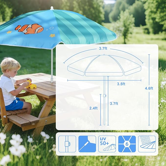AMMSUN 5ft Seaside Umbrella for Sand Box Water Table - Kids Durable Umbrellas for children Picnic Beach Camping Garden Outdoor Play Shade Green Clownfish