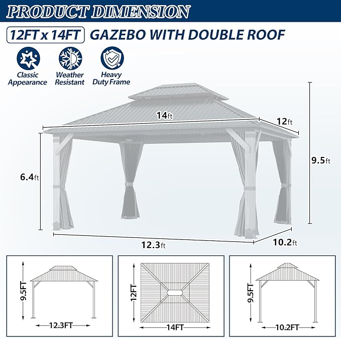 COVERONICS 12'x14' Outdoor Wood Gazebo - Hardtop Wooden Gazebo with Galvanized Steel Roof, Heavy-Duty Pavilion with Netting & Curtains for Garden, Poolside, Deck, Backyard