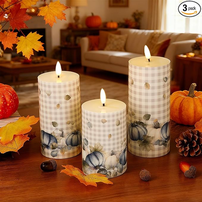 Tuanse 3 Pcs Thanksgiving Fall Flameless Candles Maple Leaf LED Candle Lights Battery Operated Candles Mixed Size Flickering LED Light for Fall Thanksgiving Halloween Harvest(Pumpkin)
