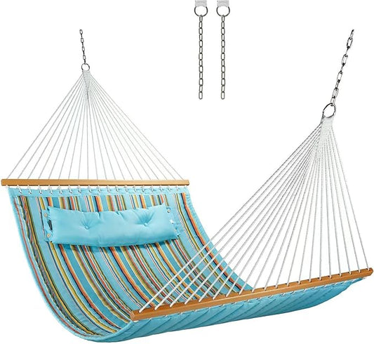 CHULIM 12 FT Double Quilted Fabric Hammock with Spreader Bars and Pillow 450 LBS Weight Capacity 2 Person Hammock for Outdoor Patio Backyard Poolside Blue Stripes