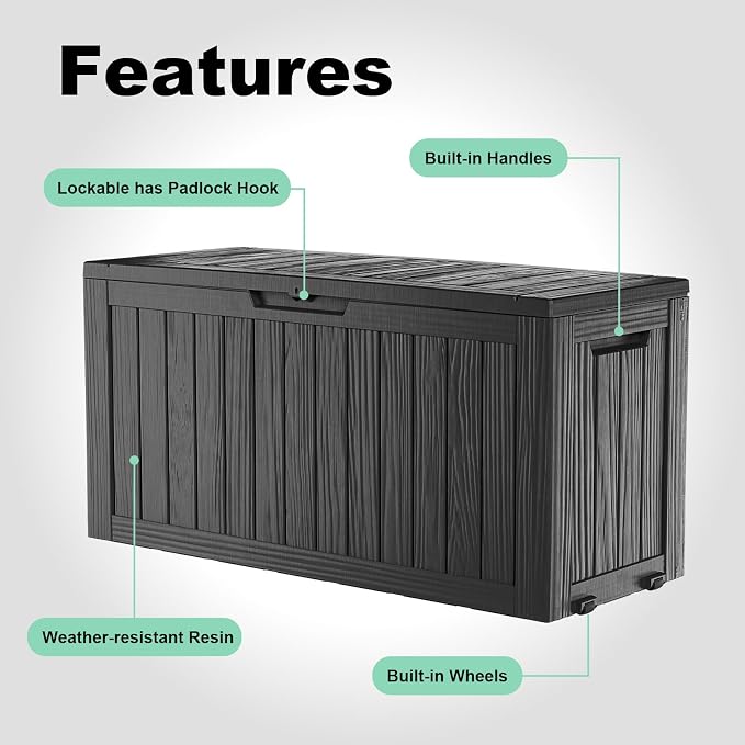 PatioZen 75 Gallon Resin Deck Box, Lockable Outdoor Storage Box for Patio Cushions Storage Furniture,Garden Tools, Pool Supplies, Weatherproof and UV Resistant (Black)