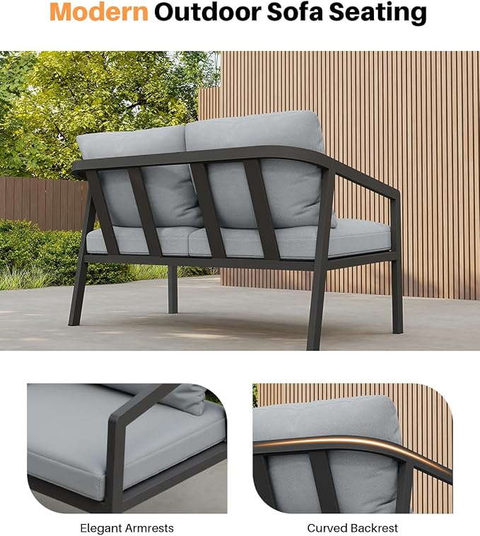Outdoor Patio Loveseat, Never-Rust Aluminum Outdoor Loveseat Couch with Thick Cushions, Modern 2-Seater Patio Sofa Bench, Outdoor Sofa Loveseat Furniture for Backyard, Garden, Black