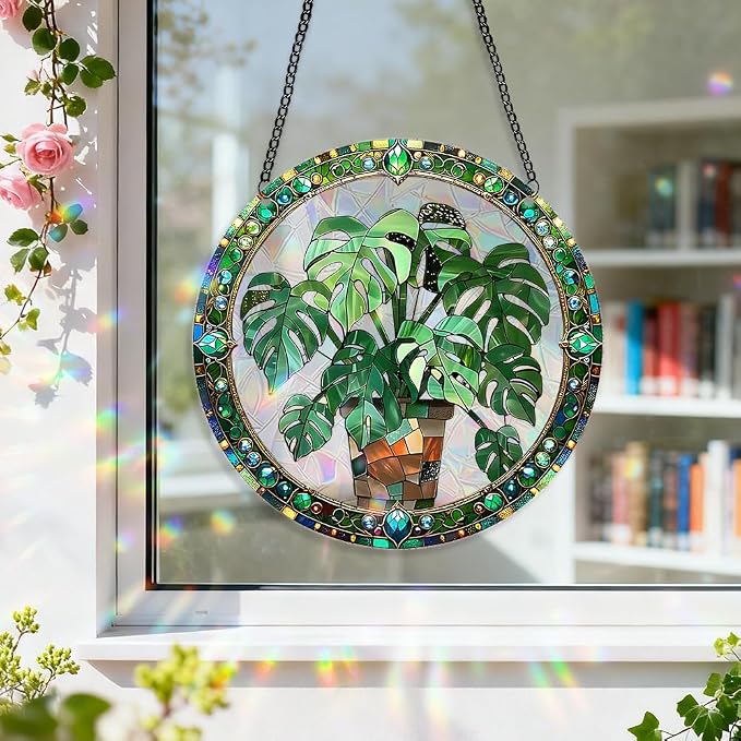 Acrylic Suncatcher Window Hanging, Leaf Sun Catcher Rainbow Indoor Window Decoration for Living Room Bedroom, Summer Home Balcony Ornaments Deco, 7.87 x 7.87 inches (64 Leaf)