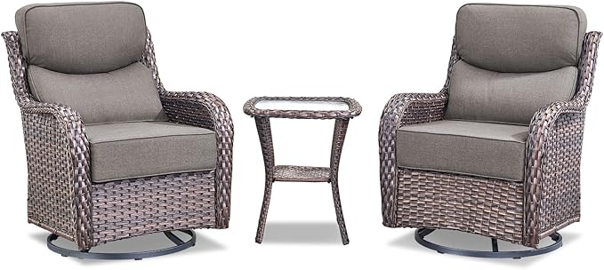 Luxury Outdoor Swivel Rocker Patio Chairs-3 Piece Wicker Patio Rocking Chairs Set of 2 with Glass Side Table 6" Thick Cushions High Back Outdoor Furniture Sets for Deck Porch Balcony(Brown/Grey)