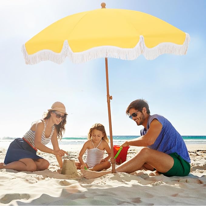 HERA'S PALACE 7ft Heavy Duty Beach Umbrella with Sand Anchor, Fringe Umbrella for Sand, UV 50+, Patio Umbrella with Tilt Pole for Garden Pool Backyard