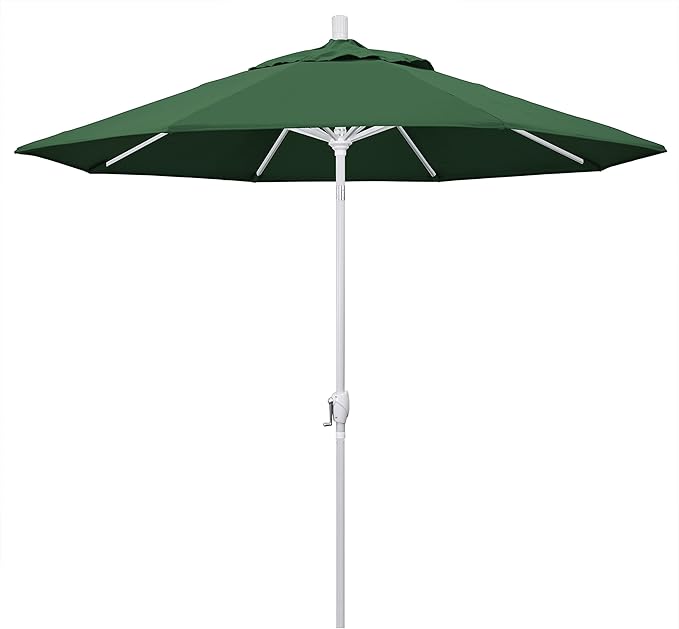 California Umbrella 9' Round Aluminum Market Umbrella, Crank Lift, Push Button Tilt, White Pole, Hunter Green Olefin