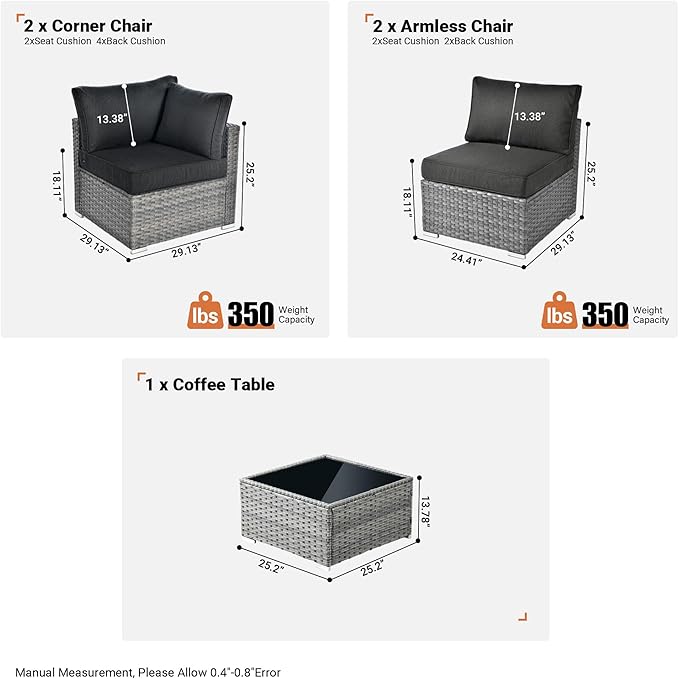 ovios Outdoor 5 Piece Coversation Set with Coffee Table,Sectional Patio Furniture Set with All-Weather Wicker Sofa,Modern Outside Couch for Balcony Backyard Pool, Black