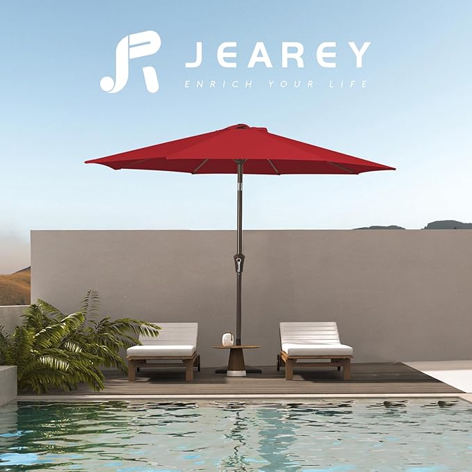 JEAREY 10FT Outdoor Patio Umbrella Outdoor Table Umbrella with Push Button Tilt and Crank, Market Umbrella 8 Sturdy Ribs UV Protection Waterproof for Pool, Garden (Red)